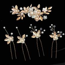 5 piezas Accesorios para el cabello de boda con flores, Set de pasadores de pelo de lujo minimalistas con perlas falsas, para verano, playa, festival, cumpleaños - Dorado - Ver 4