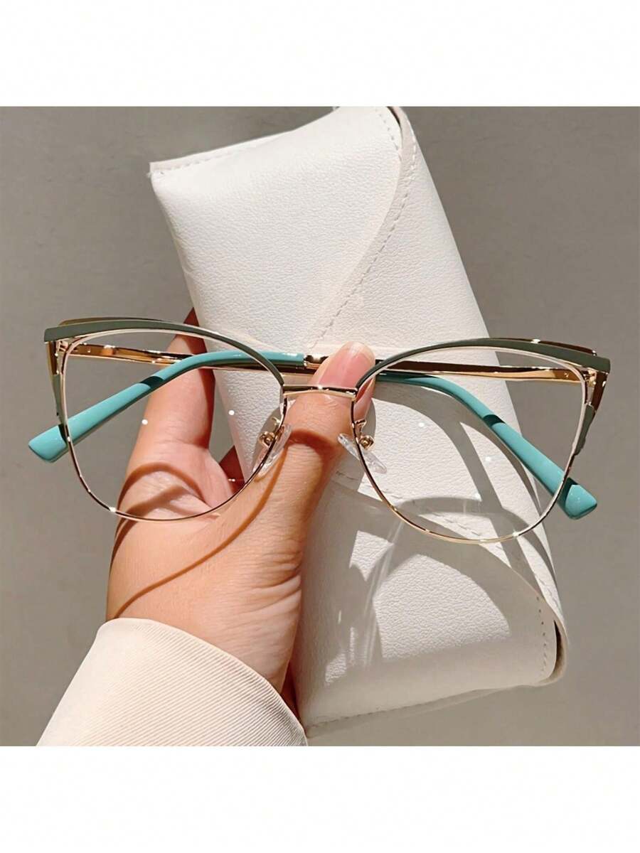 1 Pair Of Women's New Cat Eye Shaped Flat Glasses Fashionable Light Luxury Metal Frame  Retro Pink Glasses - 紅金色 - 查看 1