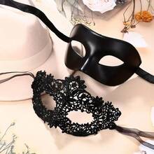 Set de 2 máscaras de pareja, máscara de encaje negro de reina para mujer, máscara de media cara para hombre, adecuada para baile de máscaras, carnaval, festivales románticos, gala, accesorios del Día de San Valentín - Multicolor - Ver 4