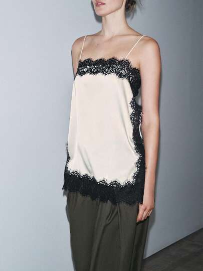 Top de encaje para mujer: Top corto con tirantes finos y escote en V, elegante top de encaje transparente para salir de fiesta.