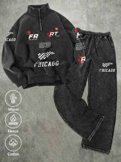 بدلة رجالية من قطعتين، بياقة عالية وأكمام طويلة وبنطال طويل مغسول، طراز خريفي وشتوي عتيق