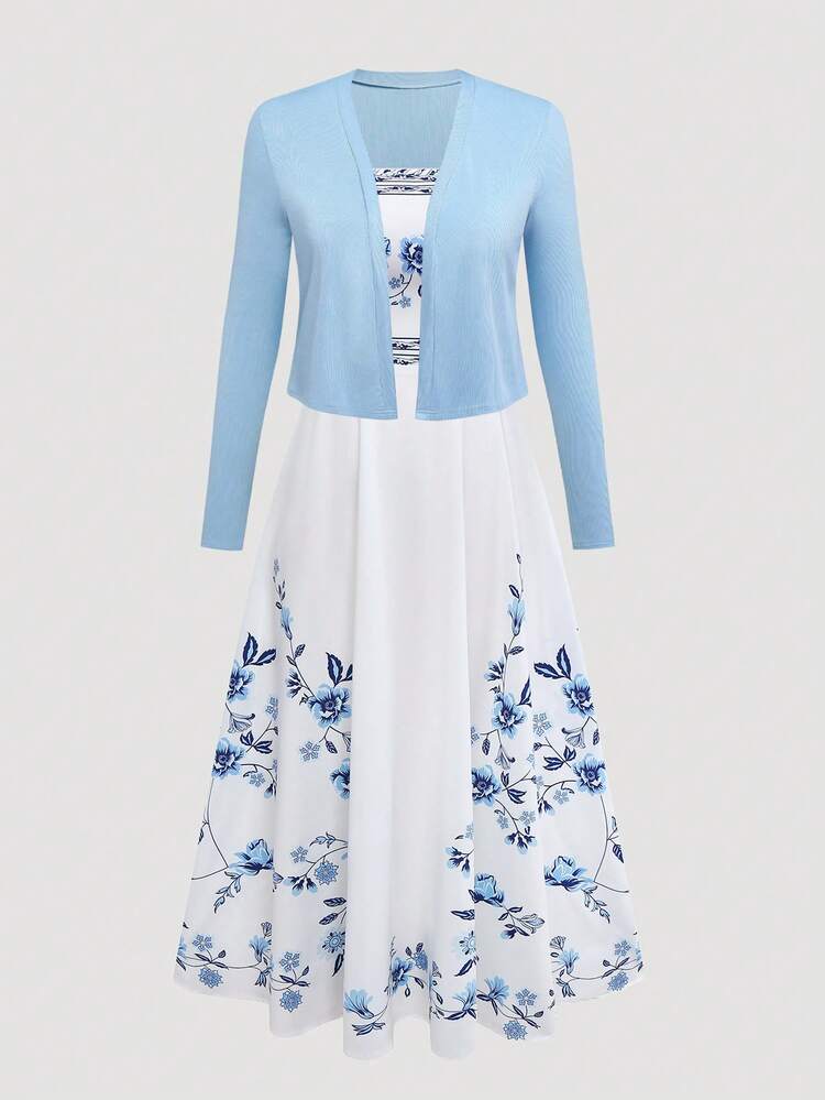 Women's Elegant Floral Print Waist Tie Dress With Knit Cardigan Set, Valentine's Day Outfit For Date - Blue - View 3