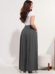 Wide-Leg, Loose-Fitting Palazzo Pants In Viscose/Lycra Knit Fabric With A Wide Waistband And High Waist And Pleats. - Dark Grey - View 7
