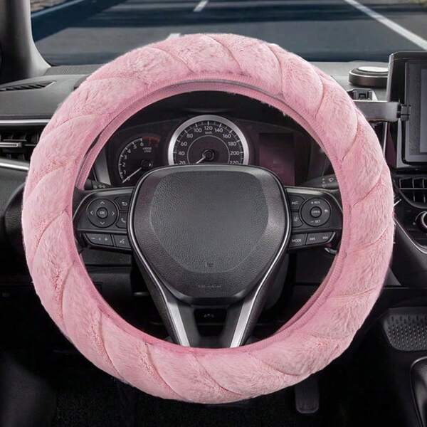 Capa de volante trançada de pelúcia (1 unidade), acessórios de carro de pelúcia curta e fofa com desenho animado, ideal para o inverno.