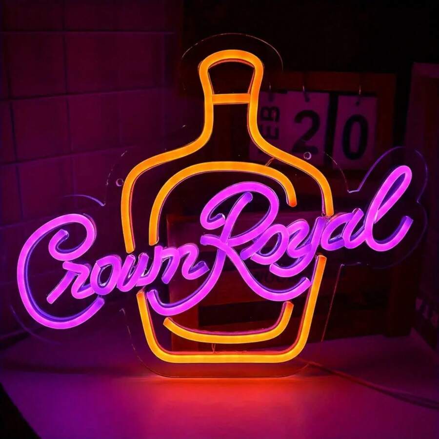 皇冠威士忌霓虹灯招牌 - USB供电，多色墙面装饰，带开关控制，适用于卧室、酒吧、咖啡馆、婚礼和生日派对，霓虹灯招牌，皇冠威士忌，USB