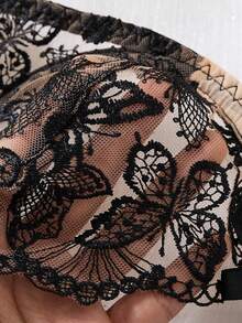 1 Set Of 2 Pieces Women's Black Embroidered Floral Sexy Daily Underwear Set, Butterfly Embroidered Underwear And Thong Two Pieces Set, Comfortable Home Style Bra Set - 黑色 - 查看 5