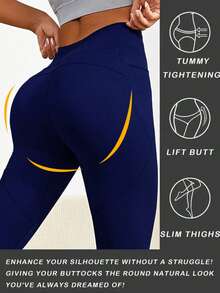 Women's High Waist Tummy Control Yoga Pants With Pockets - Seamless Shapewear Leggings For Workout, Gym, Running And Everyday Wear Spring - Navy Blue - View 3