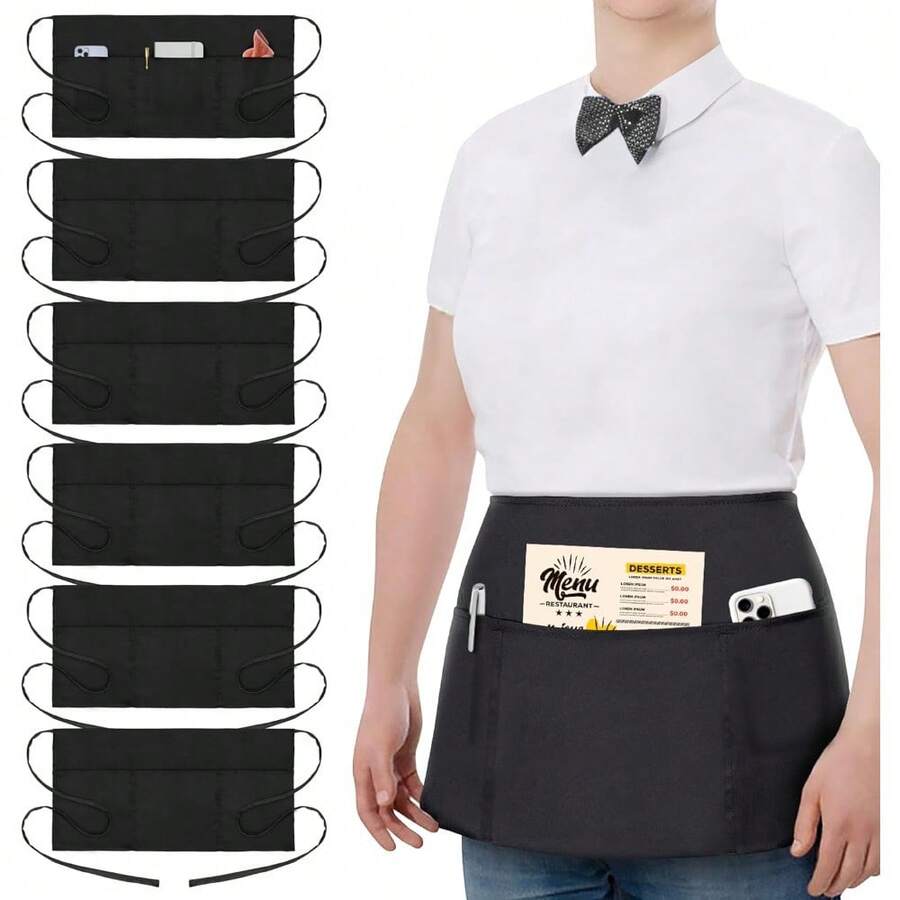 2 Pack Waitress Half Aprons With 3 Pockets, 12 Inch Black Waist Aprons For Servers, Water & Oil Resistant Aprons For Women Food Service Aprons - 6 Pack - 查看 1