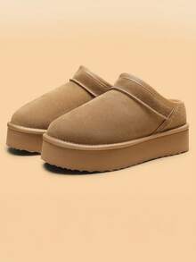 Women Fuzzy Slippers, Platform, Genuine Suede Leather, Snow Boots, Furry Home Slippers, Autumn Winter Indoor Outdoor Comfy Fuzzy Soft Thickened Flat Soles Shoes - 棕色 - 查看 1