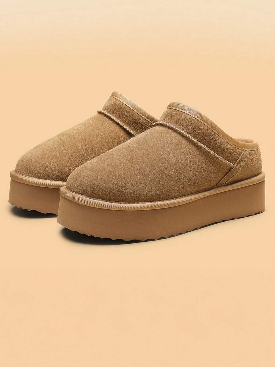 Women Fuzzy Slippers, Platform, Genuine Suede Leather, Snow Boots, Furry Home Slippers, Autumn Winter Indoor Outdoor Comfy Fuzzy Soft Thickened Flat Soles Shoes - 棕色 - 查看 1