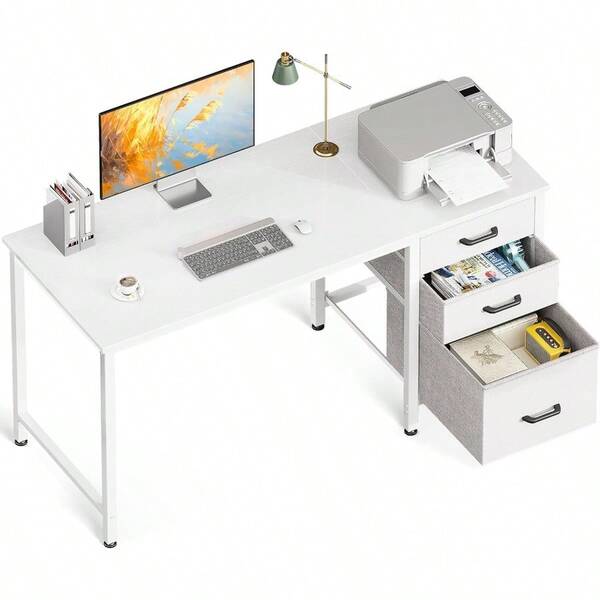48Inch Computer Desk With 3 Drawers ReversibleHome Office Desk With Stable Metal StructureandHeadphone Hooks Computer Gaming Table For Writing Study Working 120 * 48 * 75.7cm White
