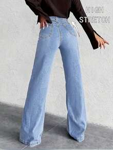 女士简约日常休闲百搭直筒牛仔裤 - 藍色 - 查看 2