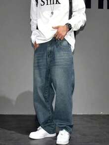 Men's Casual Vintage Loose Fit Jeans With Pockets - Rửa trung bình - Xem 5