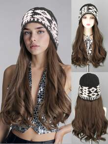 二合一针织帽配长卷发假发，女士假发帽，带假发的帽子，冬季保暖无缝发饰 - 彩色 - 查看 2