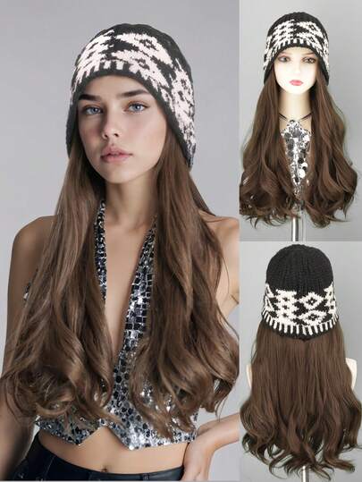 二合一针织帽配长卷发假发，女士假发帽，带假发的帽子，冬季保暖无缝发饰
