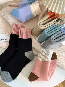 3 Pairs Women's Solid Color Thick Thermal Lined Warm Breathable Crew Socks, Cozy Socks