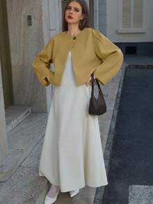 女士时尚优雅简约/休闲百搭宽松纽扣衬里口袋厚短款大衣，适合日常外出、居家、度假、约会、办公室、秋冬季旅行、圣诞节 - 黃色 - 查看 6