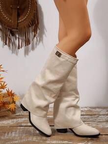 2025新款女士尖头过膝长靴，鲨鱼腿过膝长靴，时尚中筒靴，侧拉链 - 米色 - 查看 5