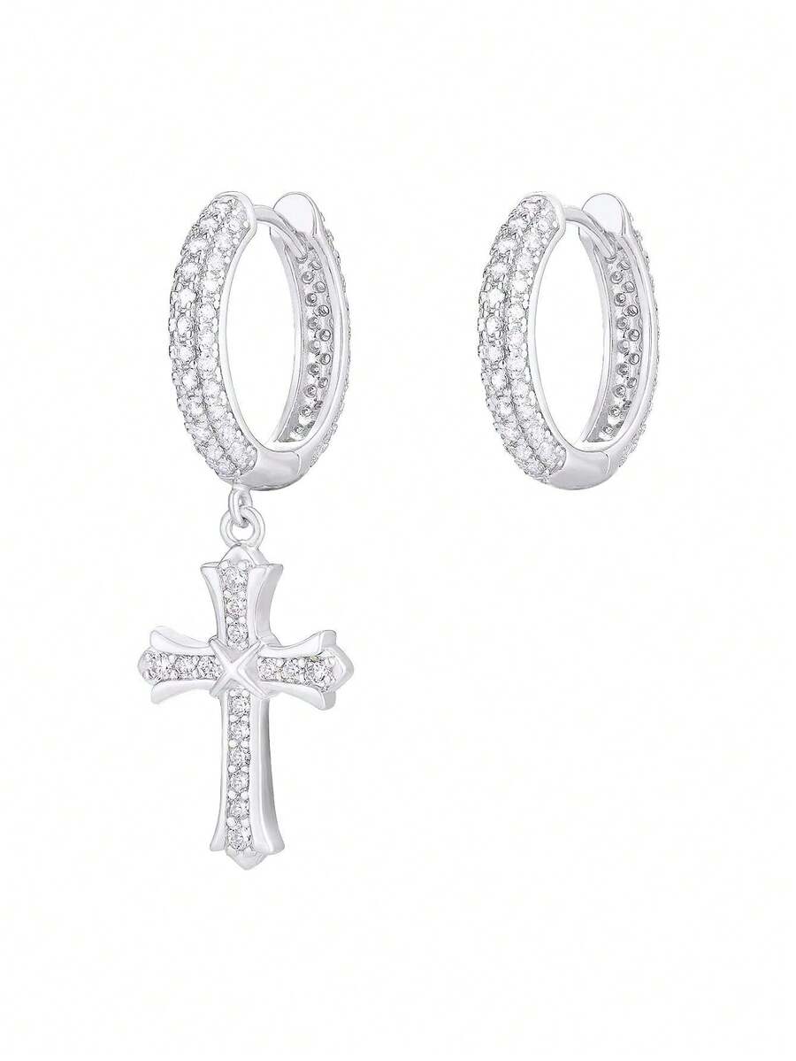 KRKC&CO Aretes Hombre de Oro, Aretes de Cruz, Arracadas de Plata S925 Oro Blanco, 15mm Pendientes, Regalos Dia Del Padre, Joyería de Mujer y Hombres,26730231 - Marrón Chocolate - Ver 1