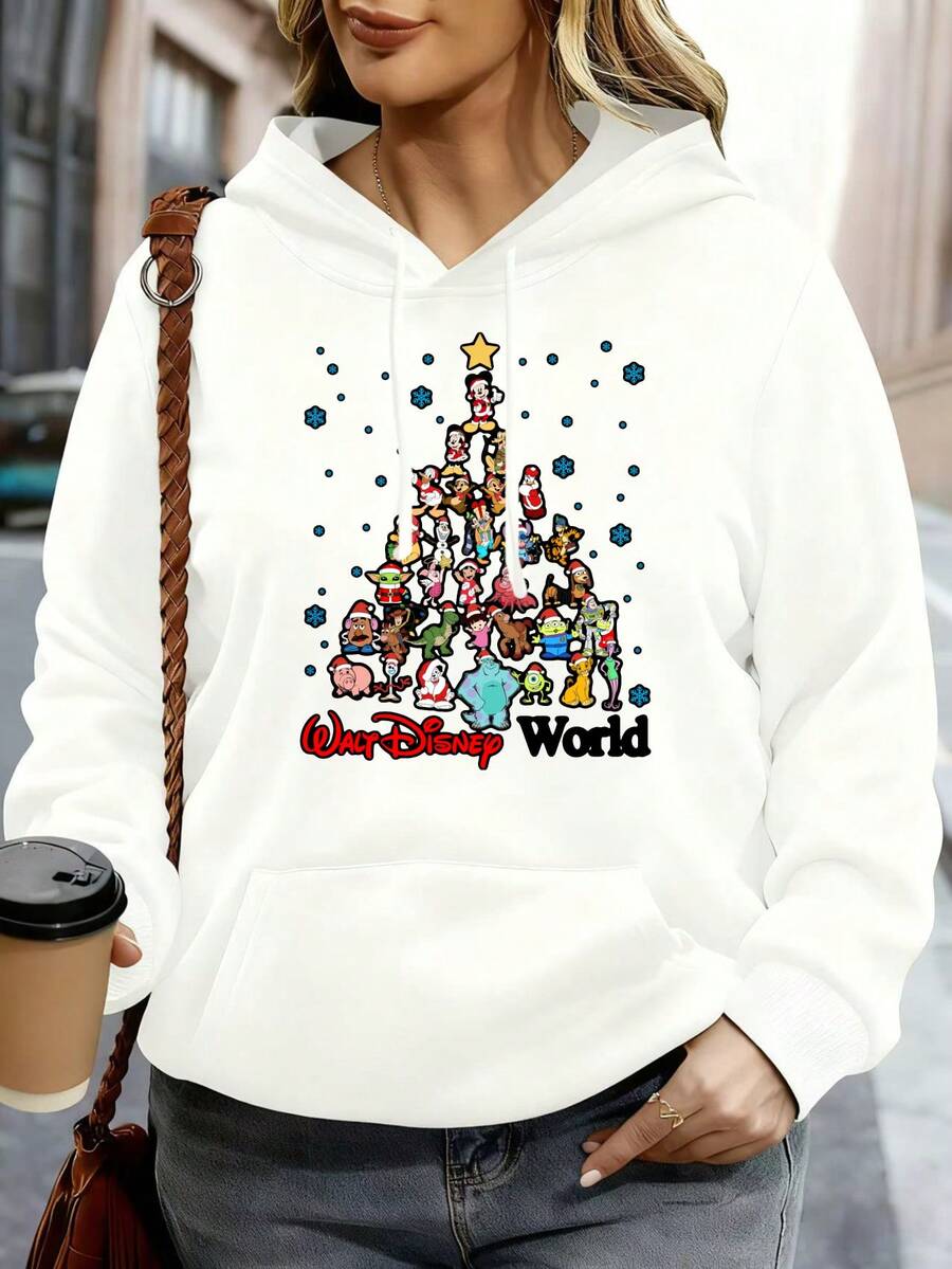 Disney Women Hoodie White Christmas Tree Cartoon Characters Walt Disney World Print Casual Winter Outfit - 白色 - 查看 1
