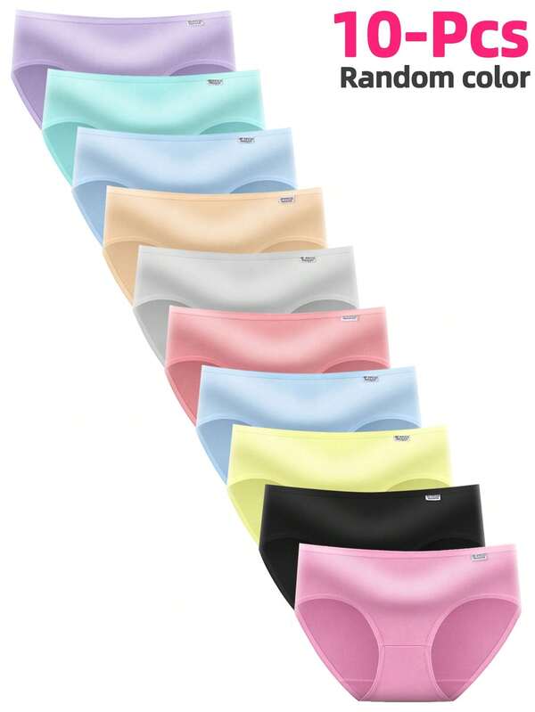 Pacote com 10 calcinhas triangulares respiráveis e elásticas coloridas para meninas pré-adolescentes, absorventes de suor para uso diário e roupas íntimas higiênicas