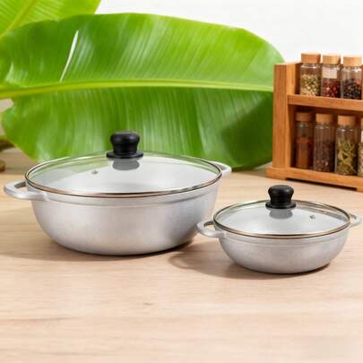 2-Piece Cast Aluminum Caldero Set With Glass Lid, Silver - Traditional Colombian Cookware For Stews & Rice