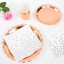 Rose Gold Petal Shaped Disposable Plate, Napkin, Cup Set, Plates, Napkins And Cups Party Supplies, Serves 10 Guests, Disposable Paper Plates Party Tableware Suitable For Birthday, Wedding, Party, Family Picnic - Multicolor - View 4