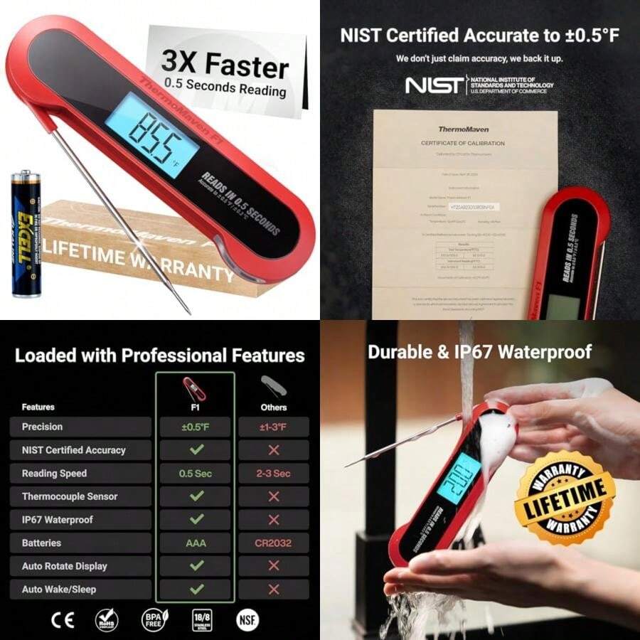 Termómetro profesional 3 veces más rápido de lectura instantánea de 0,5 segundos, digital, precisión ± 0,5 °F, resistente agua IP67, visualización de encendido automático/sueño y rotación,(Rojo & negro) - Tipo 1 - Ver 1
