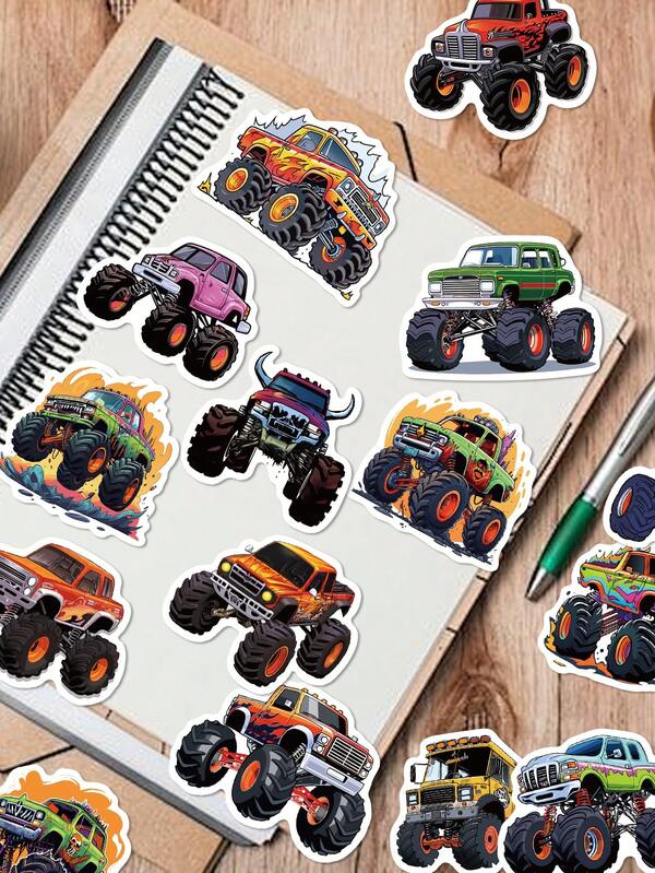 50 pegatinas de camión monstruo, diseños de dibujos animados geniales perfectos para decorar álbumes de recortes, guitarras, botellas de agua, portátiles, patinetas, maletas de fiesta - Pegatinas de manualidades