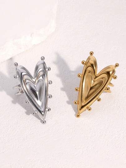 1pc Fashionable Personalized Luxurious High-End Sweet Cute Gold-Plated Stainless Steel Heart-Shaped Open Ring, Suitable For Women's Daily, Party, And Date Wear
