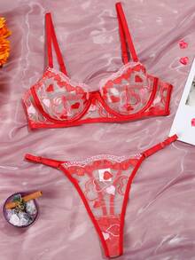 Conjunto de lencería sexy para mujer con sujetador con soporte de acero y faja portaligas con bordado de flores, set de 2 piezas