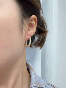 Cubic Zirconia Decor Hoop Earrings - Gold - View 2