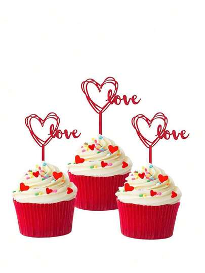 10pcs Red Love Cake Toppers, Acrylic Cake Toppers For Valentine's Day Cupcakes, Birthday Wedding Anniversary Party Cake Decorations