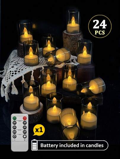 6/12/24pcs Flameless Candle Lights With Timer/Remote Control, Realistic Glass Candle Holders, Battery Powered Flameless Wishing Candles For Home, Wedding, Party, Halloween, Christmas, Dining Table, Holiday Decor
