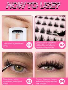 60 piezas Juego de pestañas individuales autoadhesivas con forma de C, incluye pinzas y rizador de pestañas, de 8-16 mm, Kit de extensión de pestañas DIY, pestañas segmentadas sin pegamento, con puntas afiladas, alargamiento de pestañas - Negro - Ver 8