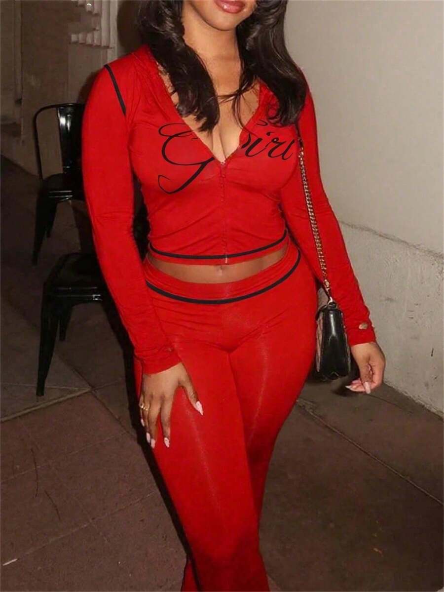FQLWL 女士休闲街头风运动套装，印花拉链连帽衫和长裤套装，长袖两件套，春季款 - 紅色 - 查看 1