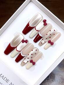 10片纯手工绘制的可佩戴美甲贴片，包含3D蝴蝶结、猫眼、波点、樱桃红法式美甲等款式，可个性化定制，按压式美甲贴片 - 彩色 - 查看 4