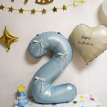 4pcs/Set 32-Inch Blue Digital Balloon Decorations, Featuring White Bows As Embellishments. Suitable For Birthday Party Decorations, Home Party Setup, And Various Festival Celebration Decorations - Blue - View 4
