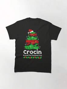 Camiseta clásica Crocin alrededor del árbol de Navidad, camiseta para mujeres, 220g de algodón puro, cuello redondo casual, ideal para paseos tranquilos y diversión al aire libre.-Camisetas básicas versátiles, calle, talla única, camiseta holgada - Negro - Ver 1