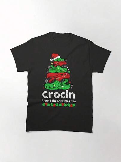 Camiseta clásica Crocin alrededor del árbol de Navidad, camiseta para mujeres, 220g de algodón puro, cuello redondo casual, ideal para paseos tranquilos y diversión al aire libre.-Camisetas básicas versátiles, calle, talla única, camiseta holgada