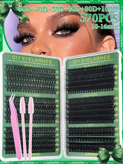 600/570 Pcs Cluster False Eyelashes Set, 30D/40D/50D/60D/80D/100D/120D/160D Mixed Synthetic Mink Lashes, 0.07mm Curl, 9-16mm, Includes Natural Lashes, 3D Russian Volume Suitable For Beginners, Comes With Makeup Tools, 2 Lash Brushes, Suitable For Beginners To Use At Home Or Outdoors, Applicable For Daily Life, Wedding, Party, Music Festival, Mother's Day, Lash Clusters, Eyelash Clusters, Individual Lashes, Reusable False Eyelashes For Home Use