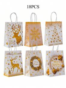 25pcs White & Gold Christmas Gift Bags, Party Handled Paper Bags With Reindeer & Snowflake Wreath Design, Suitable For Birthday, Anniversary, Garden Celebration, Christmas Gifts, Gift Sets, Christmas Themed Parties, Sturdy Paper Bag Material, Suitable For Christmas, Wedding Gifts, Online Gift Packaging
