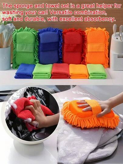 6pcs Car Washing Sponge And Towel Set - Includes 1 Plush Cleaning Sponge With Glove And 5 Super Absorbent Microfiber Towels - Non-Scratch, Reusable For Car, Home And Kitchen