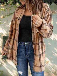 Fisoew Women's Flannel Plaid Shacket Long Sleeve Button Down Shirt Jacket Casual Fall Boyfriend Fit Top - 淺棕色 - 查看 1
