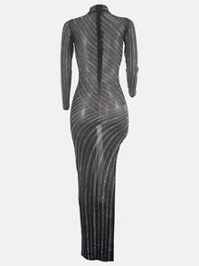 Heat-Melting Rhinestone Detail Split Thigh Sheer Dress