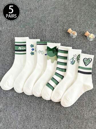 5双女士休闲卡通风格中筒袜，四季皆宜，白色和绿色随机款式