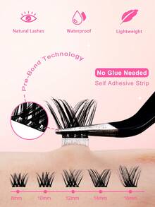 60片C型卷翘自粘单根假睫毛套装，8-16毫米，精致轻盈，DIY睫毛嫁接套装，含镊子和睫毛夹，无需胶水，分段式假睫毛，尖头假睫毛 - 黑色 - 查看 2
