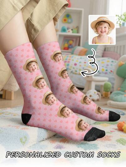 1 Pair Of Customized Face Children's Mid Tube Socks, Put Any Face On Socks,Boy And Girl, Personalized Socks For With Photos, Interesting Customized Picture Pairs With Medium To Long Socks, Suitable For Valentine's Day, Birthdays, Gift Giving