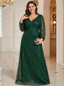 EVERPRETTY Ever Pretty Plus 女士奢华惊艳 V 领长袖深绿色秋冬晚礼服，适合晚餐、生日、正式场合、圣诞派对等场合。 - 墨綠色 - 查看 9