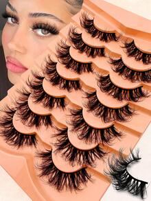 7 Pairs Fluffy Cat-Eye Lashes D Curl Russian Strip False Eyelashes Cat Eye Lashes Natural Look Fluffy Faux Mink Lashes Volume Wispy Long Foxy Eye Lifting Look Fake Eyelashes - 黑色 - 查看 4